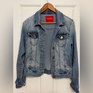 **GUESS Women’s Distressed Blue Denim Jacket – Size Small**